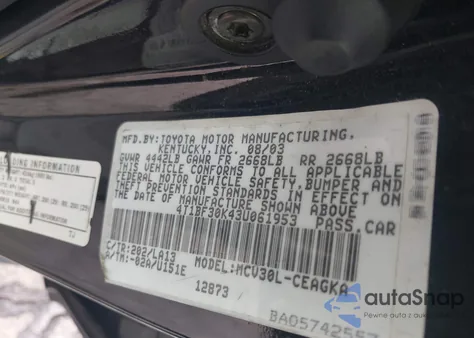 2003 Toyota Camry Xle V6 z USA, uszkodzony, nr VIN 4T1BF30K43U061953